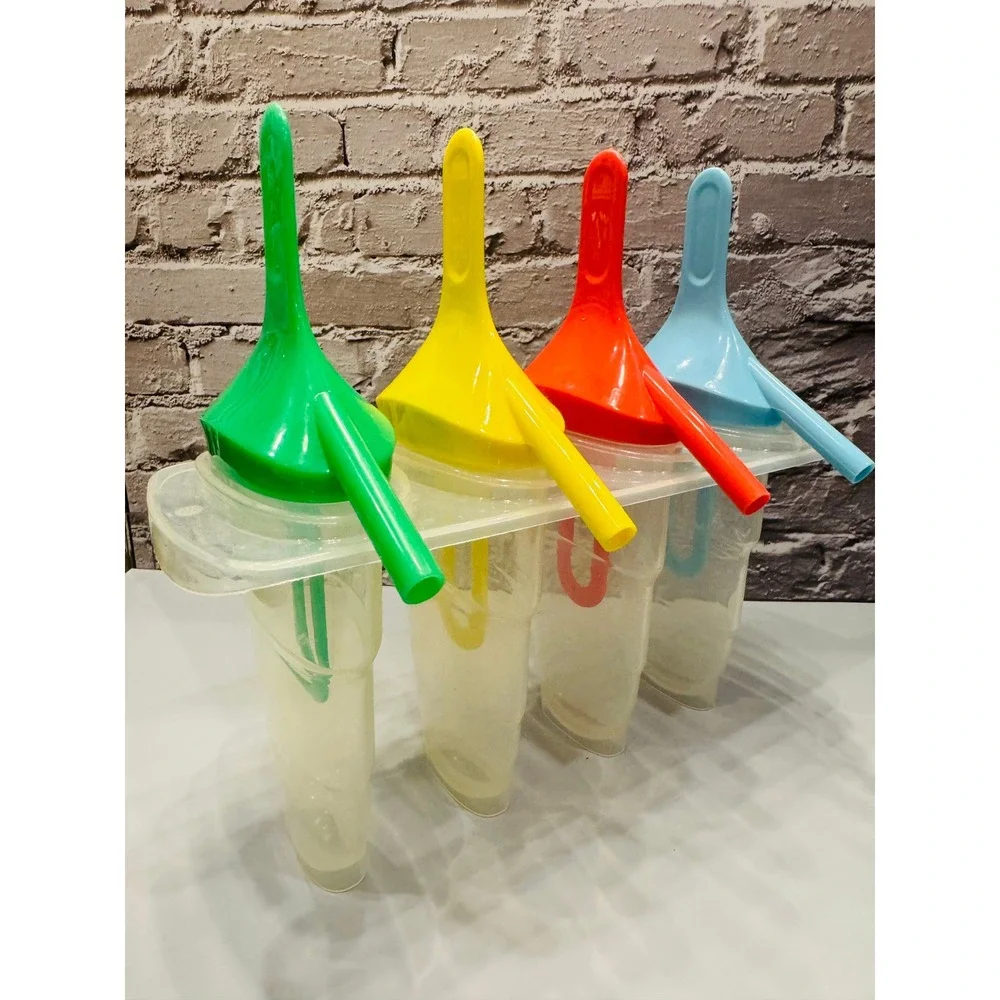 Vintage‎ 4 Slot Popsicle Mold Set Ice Pop Maker Colored Handles Complete Retro